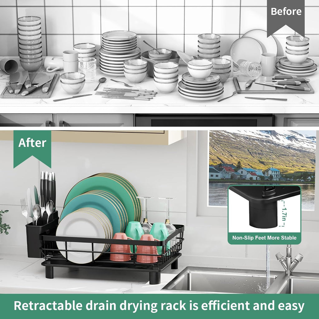 Dish Drying Rack, Dish Rack, Stainless Steel Dish Racks For Kitchen Counter, Dish Drainer With Removable Utensil Holder, Drainboard (Black,13''W X 17''L)