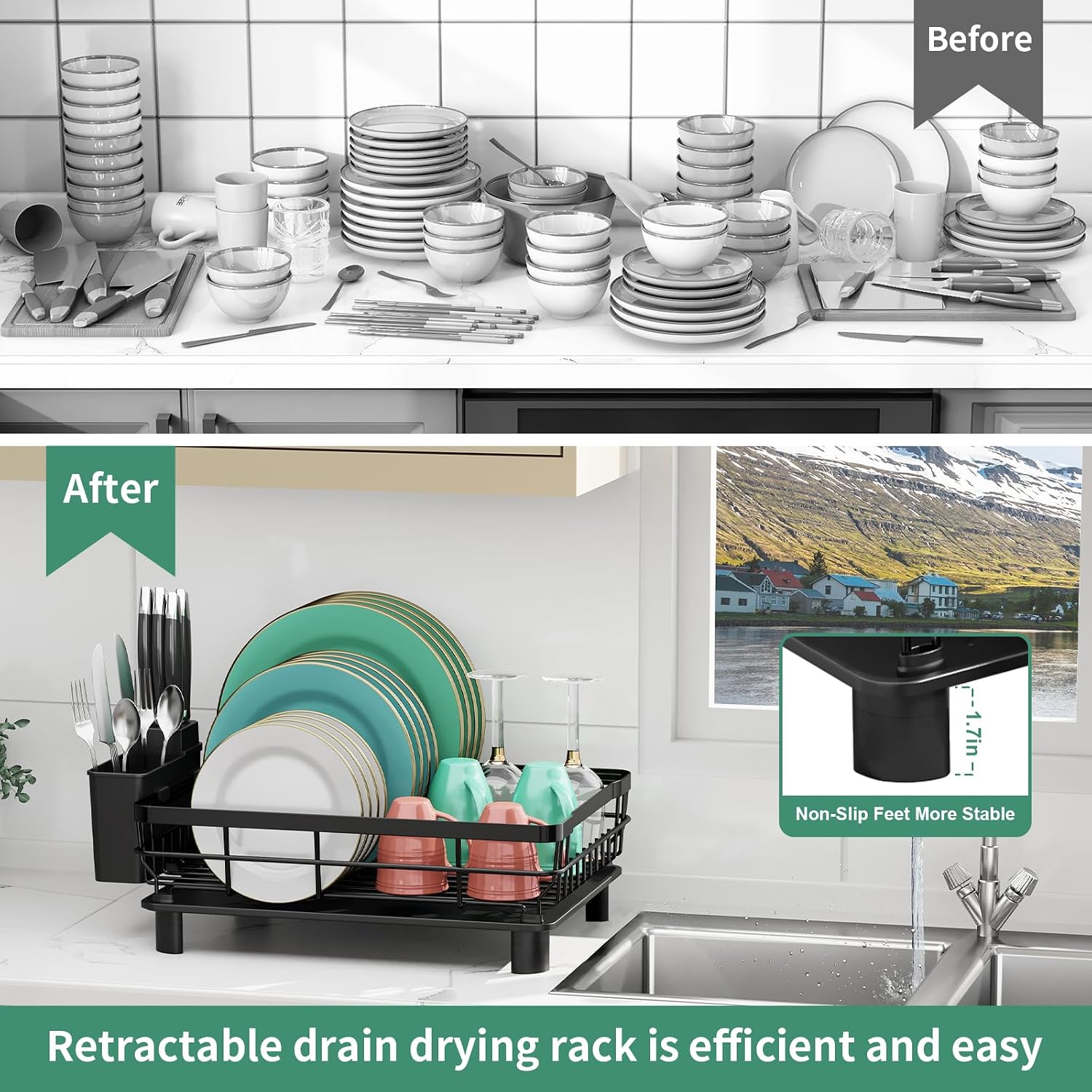 Dish Drying Rack, Dish Rack, Stainless Steel Dish Racks For Kitchen Counter, Dish Drainer With Removable Utensil Holder, Drainboard (Black,13''W X 17''L)