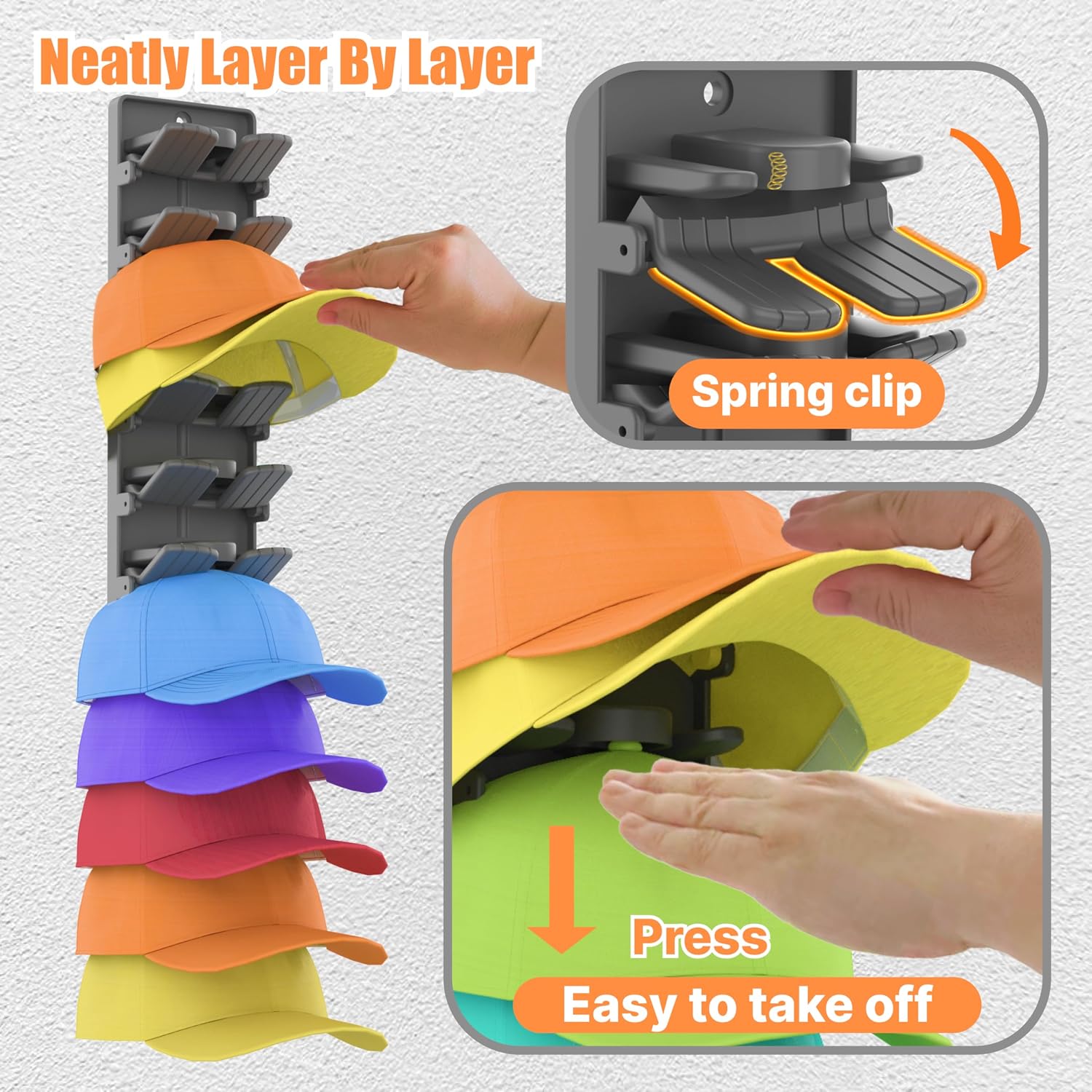 Hat Organizer For Baseball Caps 2 Packs With Built-In Spring Clips - Wall Mount Closet Hat Rack Holder,Storage For Door/Closet Display Hat Racks Hanger (Strong Adhesive & Screws) Matte Black.