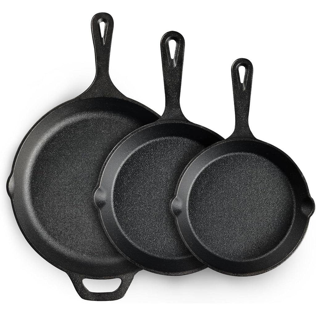 EWFEN Cast Iron Skillet 3-Piece Set, Heavy-Duty Professional Restaurant Chef Quality Pre-Seasoned Pan Cookware Set, 6", 8", 10" Pans For Frying, Saute, Cooking, Use Indoor/Outdoor, Oven, Grill