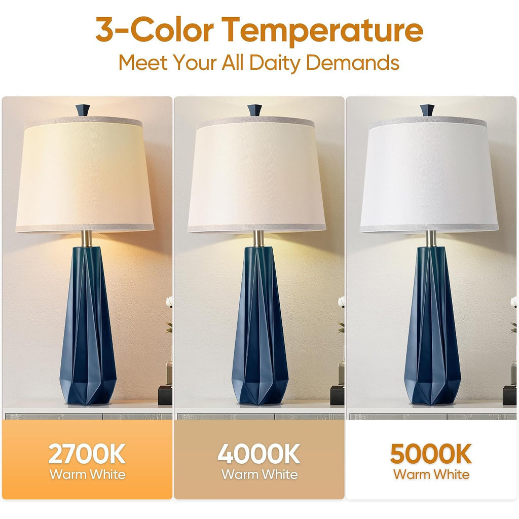 27'' Navy Blue Resin Table Lamps, Desk Lamps With 3 Color Temperature | Prism-Shaped Lamp Body, Rotary Switch, E26 Base, With Linen Shade, Desk Lamps For Living Room, Bedroom, 2 Bulbs Included