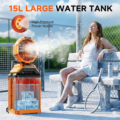 15L Bucket Portable Misting Fan, 30000Mah Rechargeable Battery Powered Oscillating Cooling Fan, 4 Strong Winds, Brushless Motor Outdoor Fans For Fishing, Travel, Garden, Golf, Tent