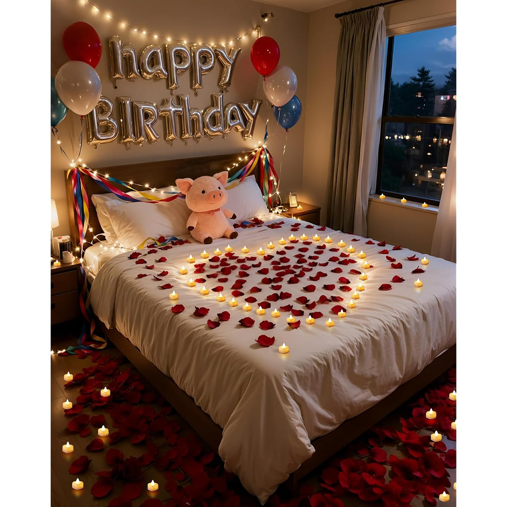 Amagic 1000 Pieces Artificial Rose Petals With 12 Heart Led Tea Lights Candles Kit, Rose Petals And Candles Set For Proposal, Anniversary, Valentine'S Day, Special Romantic Night, Wedding Table Decor