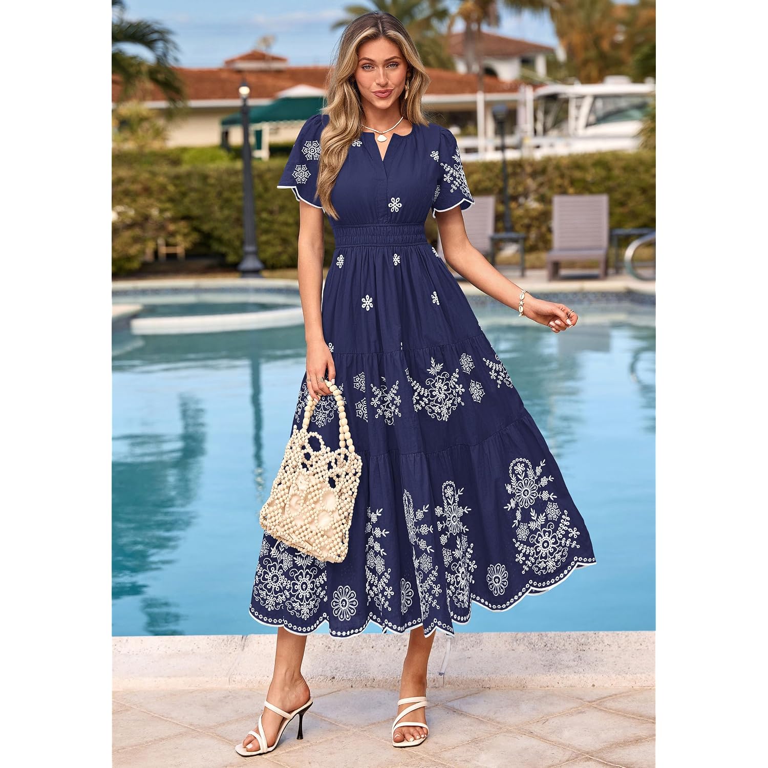 Prettygarden Summer Dresses For Women 2026 Floral Boho Maxi Spring Casual Short Sleeve V Neck Elastic Waist Dress Pockets