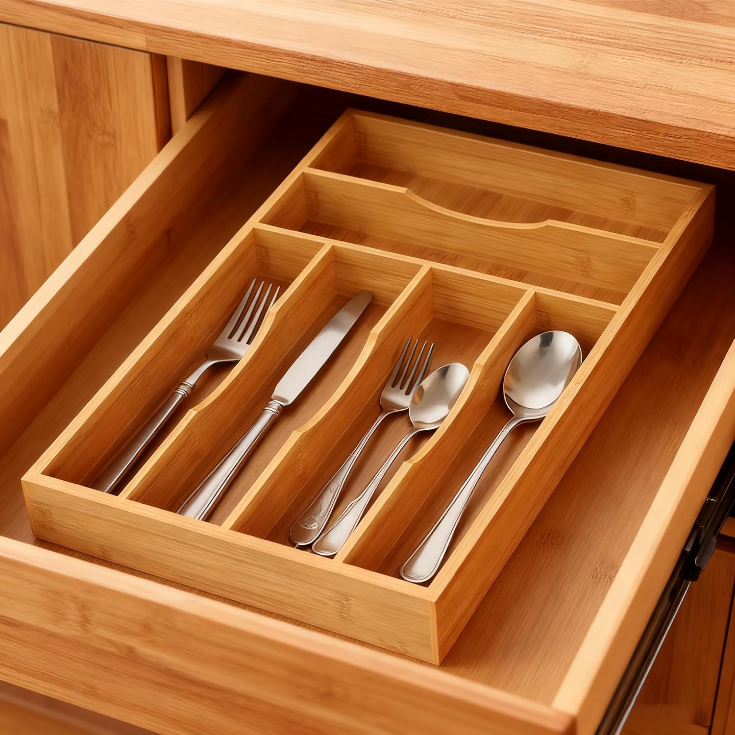 Bamboo Silverware Organizer, Bamboo Kitchen Drawer Cutlery Organizer, Utensil Holder, Flatware Organizer Tray (15.8"X9.5"X1.6")
