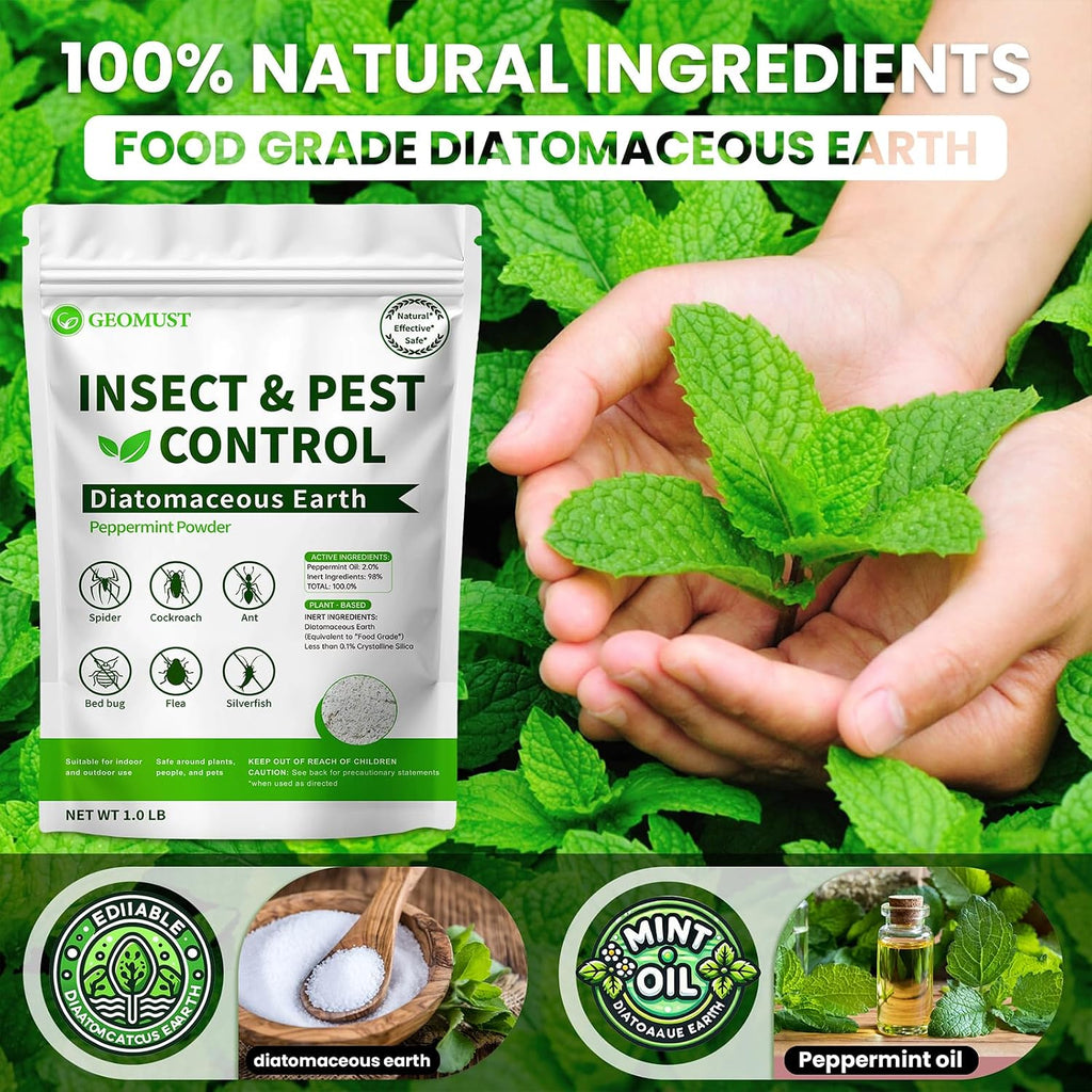 Diatomaceous Earth Food Grade And Peppermint Oil Insect Killer, Natural Crawling Pest Control For Home Garden, Kills Ants, Roaches, Fleas, Bed Bugs Silverfish, Indoor Outdoor Use, 1 Lb