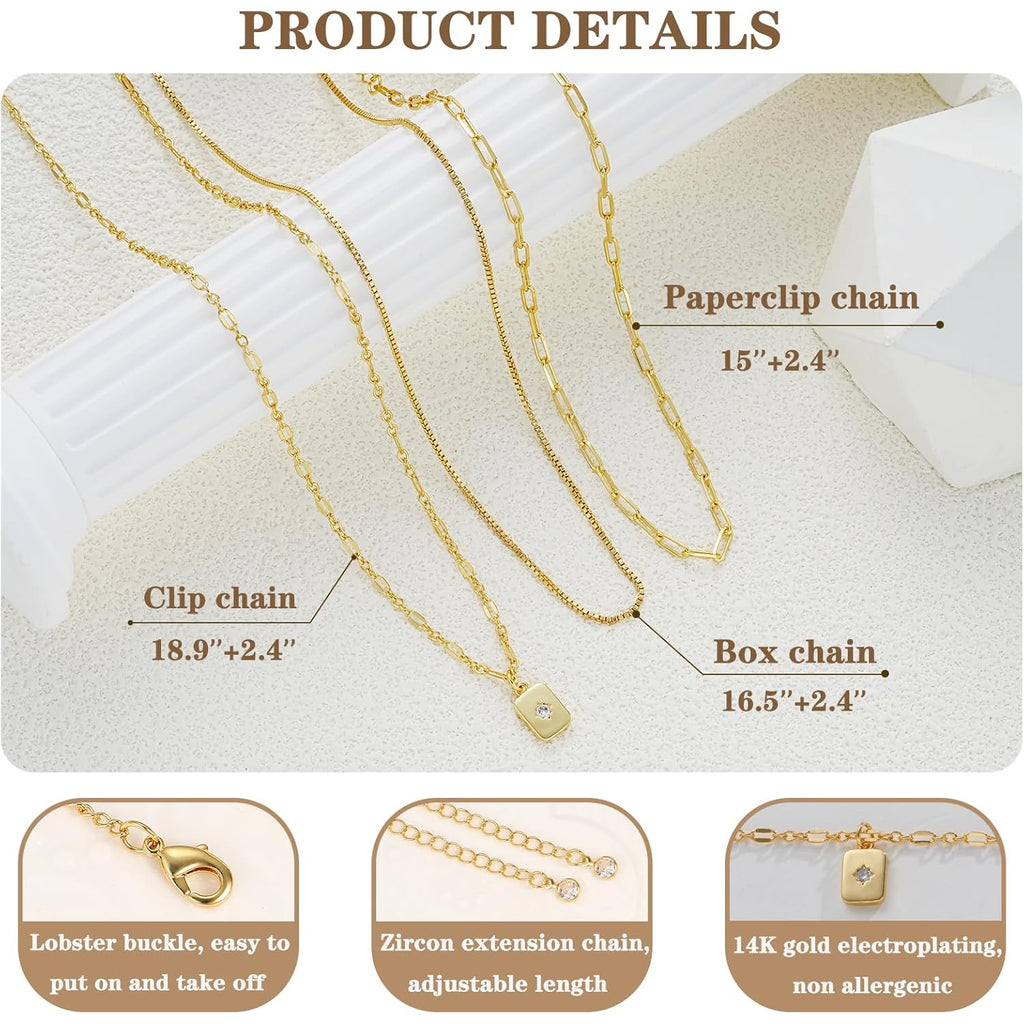 YEEZII Layered Gold Necklaces for Women Trendy, 3 Pcs 14K Gold Plated Choker Paperclip Box Chain Necklace, Stackable Women's Gold Pendant Necklaces Jewelry Set