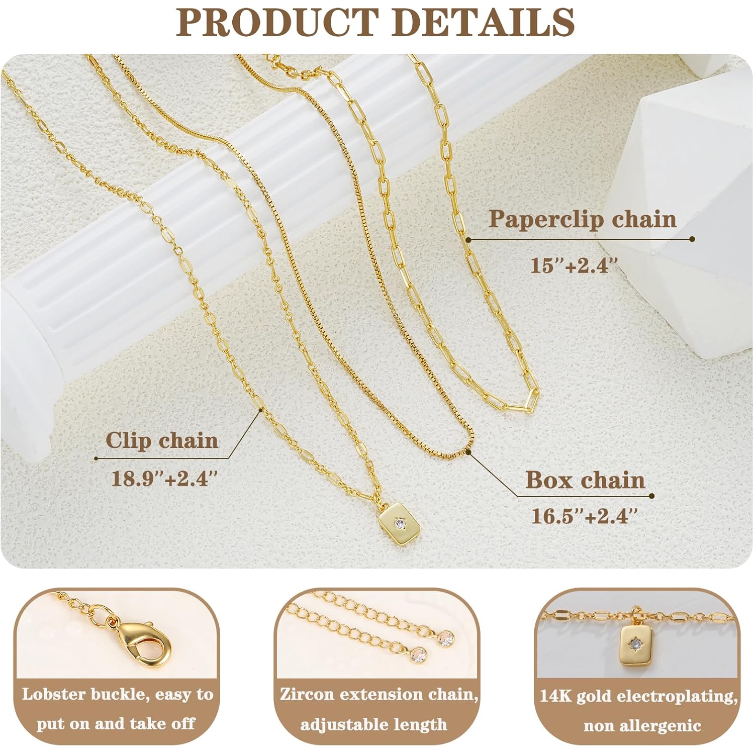 YEEZII Layered Gold Necklaces for Women Trendy, 3 Pcs 14K Gold Plated Choker Paperclip Box Chain Necklace, Stackable Women's Gold Pendant Necklaces Jewelry Set