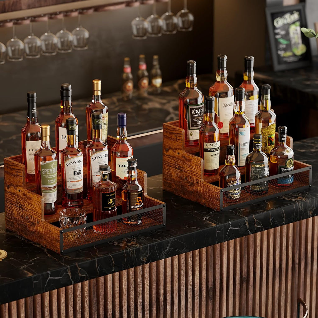 2 Pack 3 Step Countertop Liquor Bottle Display Shelf, Wood Bar Shelves 12 Bottles With Fences, Freestanding Storage Shelves For Liquor Whiskey Wine Coffee Syrup Display, Retro Wine Rack Home