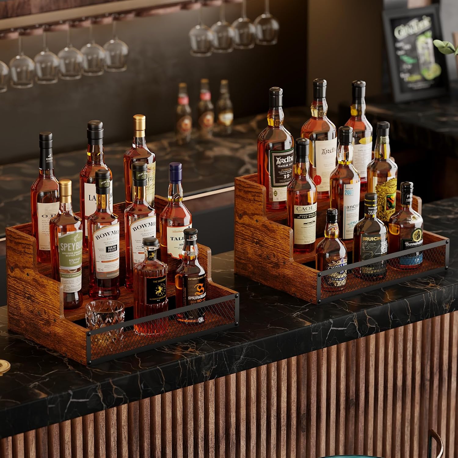 2 Pack 3 Step Countertop Liquor Bottle Display Shelf, Wood Bar Shelves 12 Bottles With Fences, Freestanding Storage Shelves For Liquor Whiskey Wine Coffee Syrup Display, Retro Wine Rack Home