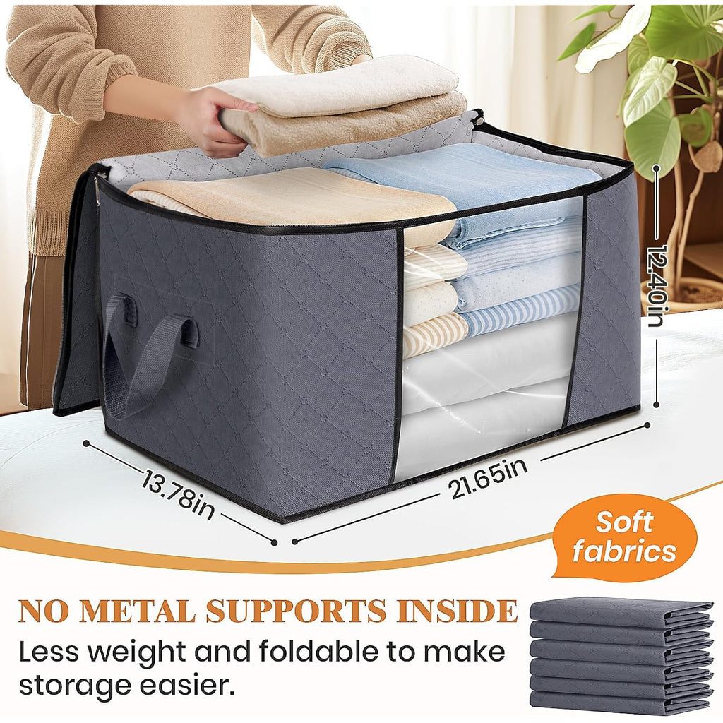 6 Pack Storage Bags For Clothes And Blanket, Foldable Closet Organizers And Storage With Zippers, Clear Window And Handles, Fabric Storage Bins For Sweater, Comforter, Bedding,Linen Sheets
