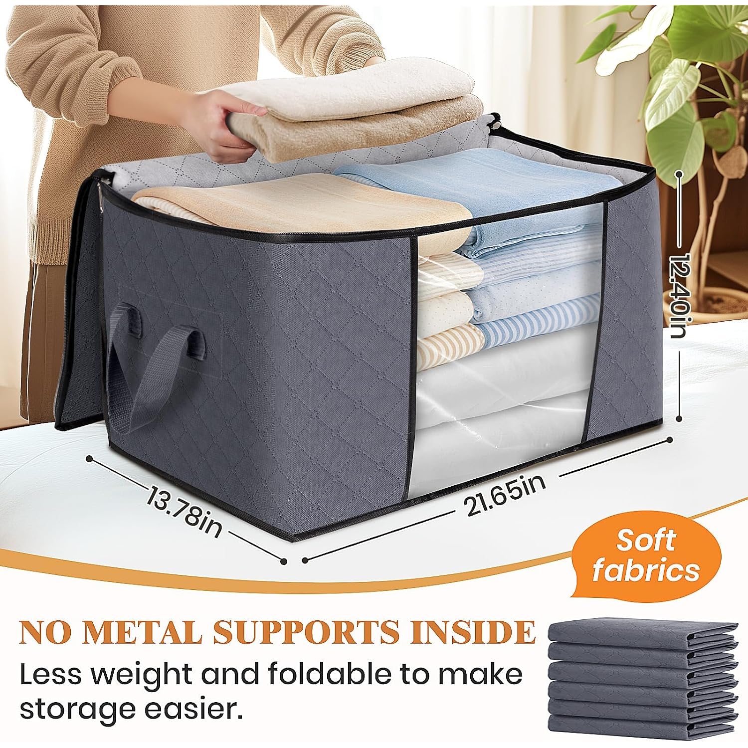 6 Pack Storage Bags For Clothes And Blanket, Foldable Closet Organizers And Storage With Zippers, Clear Window And Handles, Fabric Storage Bins For Sweater, Comforter, Bedding,Linen Sheets
