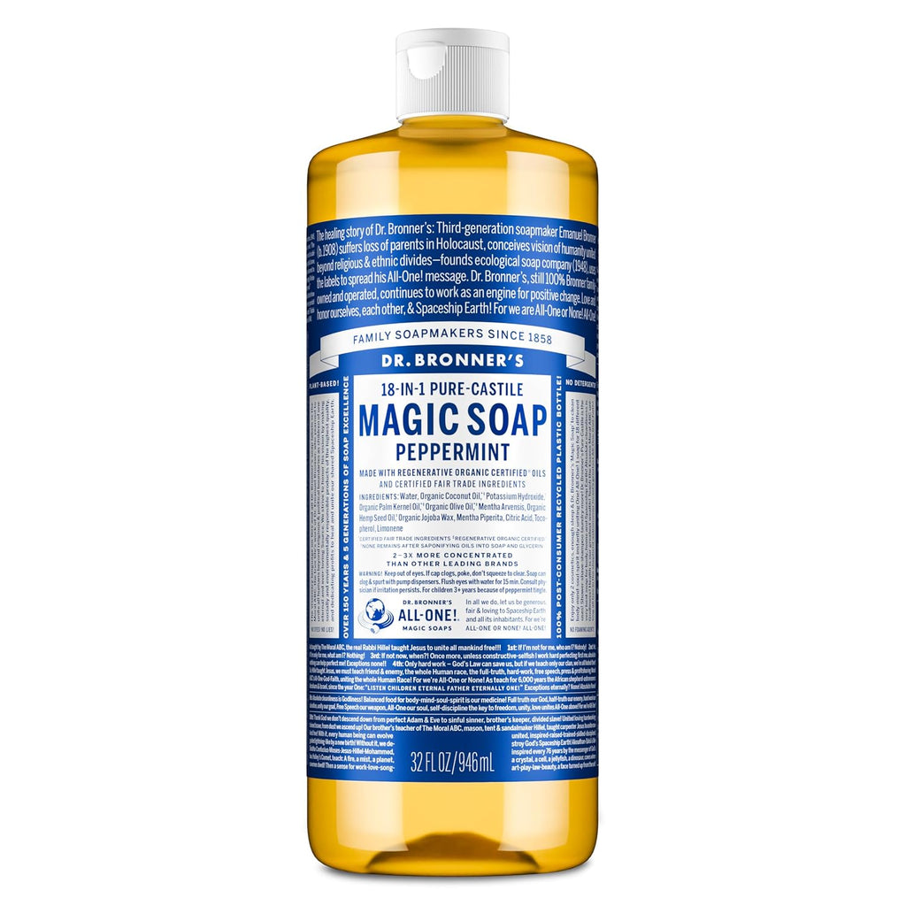 Dr. Bronner'S Pure-Castile Magic Liquid Soap - Made With Regenerative Organic Certified Oils- 18-In-1 Uses For Face, Body, Hand, Hair, Laundry & More- Vegan, Non-Gmo- Body Wash- Peppermint,32Oz