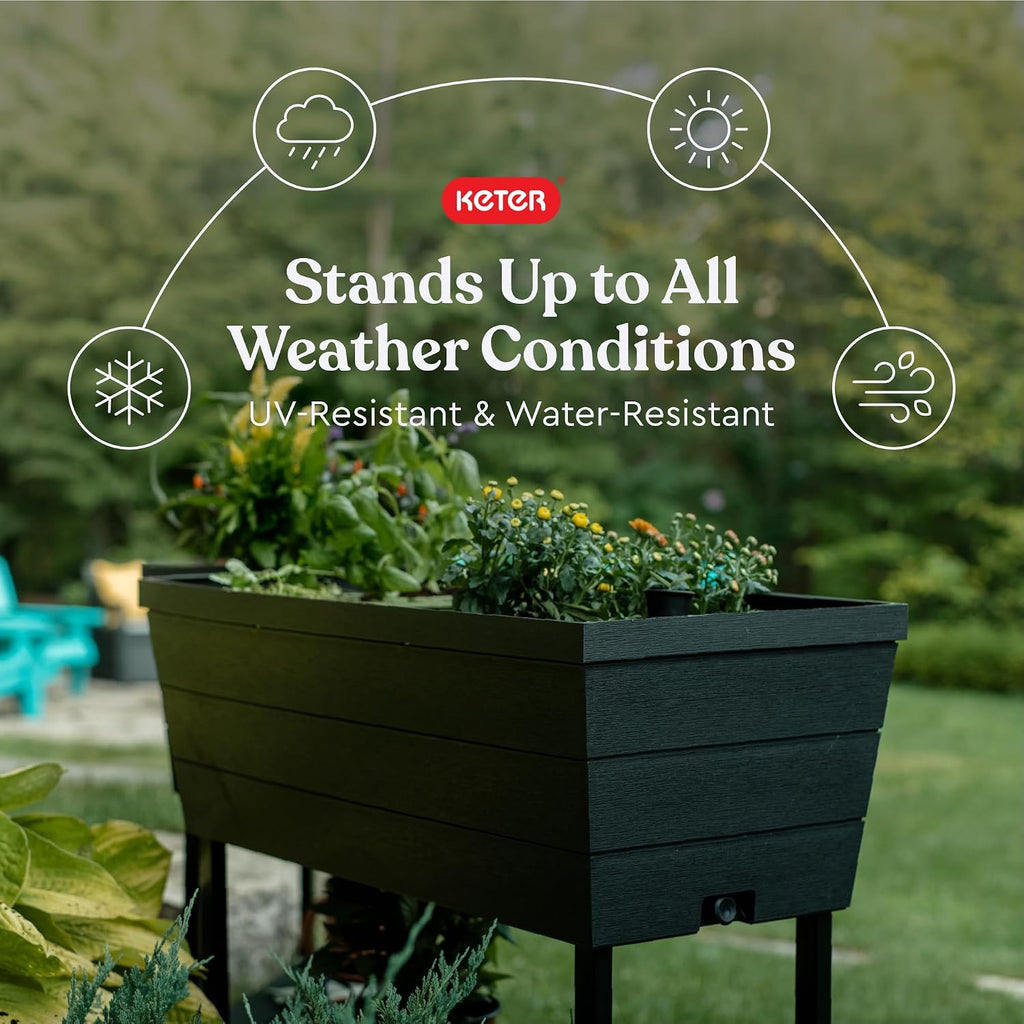 Keter Urban Bloomer 12.7 Gallon Raised Garden Bed And Outdoor Herb Garden Planter With Self Watering Gauge And Drainage Plug, Dark Grey