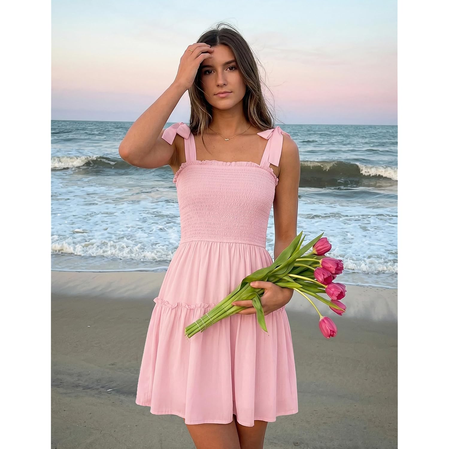 Zesica Women'S 2026 Summer Spaghetti Strap Sleeveless Square Neck Ruffle A Line Swing Mini Dress