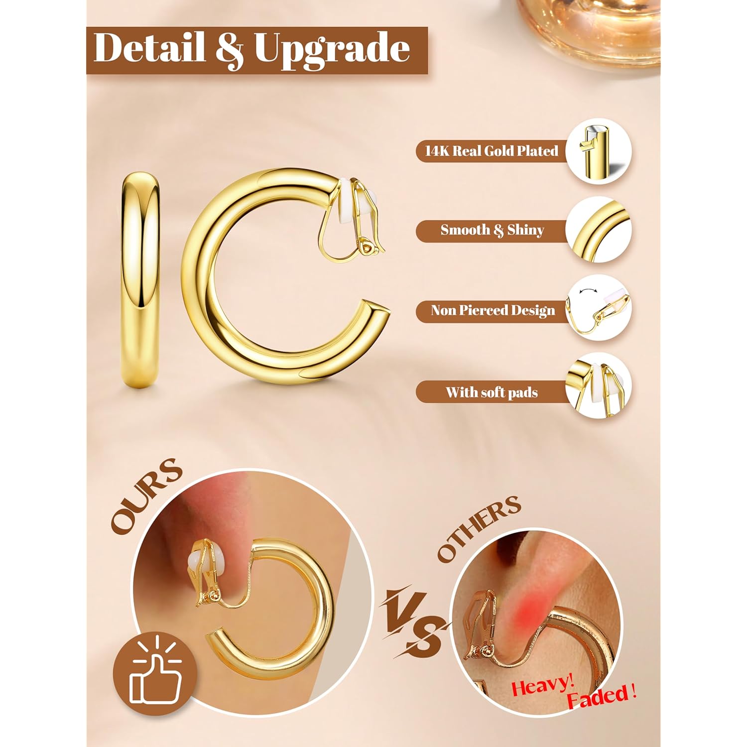BESTEEL 3Pairs Clip on Earrings for Women Trendy Hypoallergenic 14K Gold Plated Chunky Tube Croissant Waterdrop Clip-on Hoop Earrings Set Fake Jewelry Non Pierced Ears
