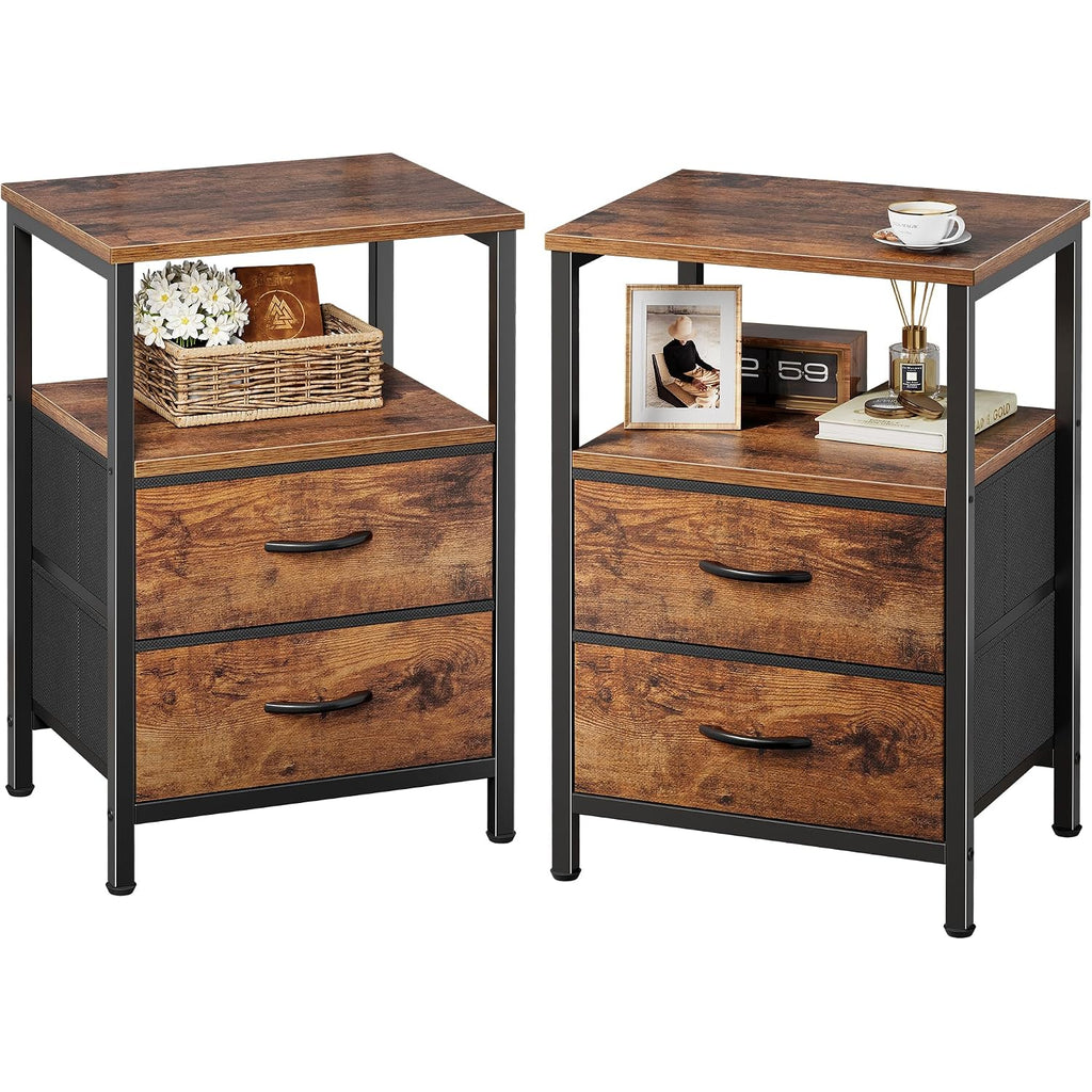 Huuger Night Stand Set 2, Nightstand With 2 Drawers, Bed Side Table With Open Shelf, Wooden Top, End Table, Fabric Drawer, For Bedroom, Rustic Brown