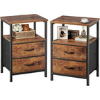 Huuger Night Stand Set 2, Nightstand With 2 Drawers, Bed Side Table With Open Shelf, Wooden Top, End Table, Fabric Drawer, For Bedroom, Rustic Brown