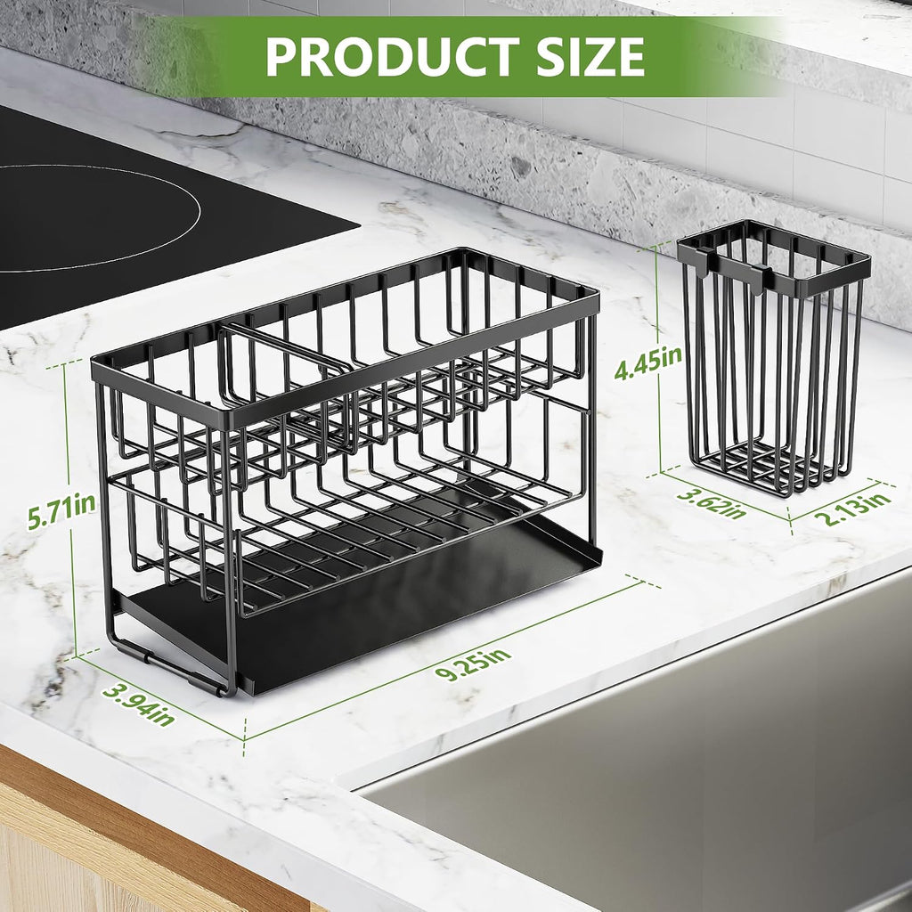 2-Tier Kitchen Sink Caddy Organzier Rack With Dish Brush Sponge Holder | Kitchen Sink Countertop Organization Storage,Home Decor Accessories Essentials Stainless Steel