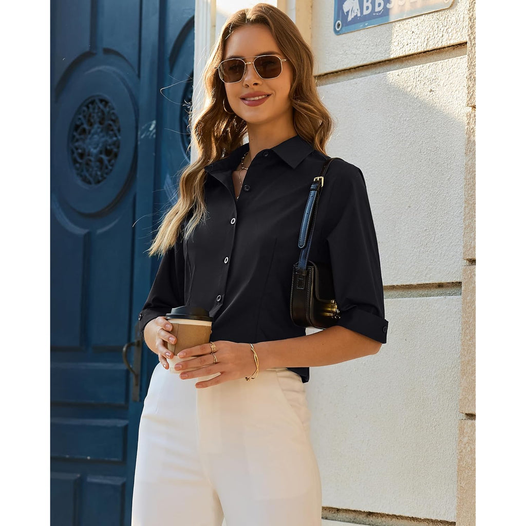 Button Down Shirts for Women: Slim Fit Stain Shield 3/4 Sleeve Dress Shirt Formal Work Button Up Blouses