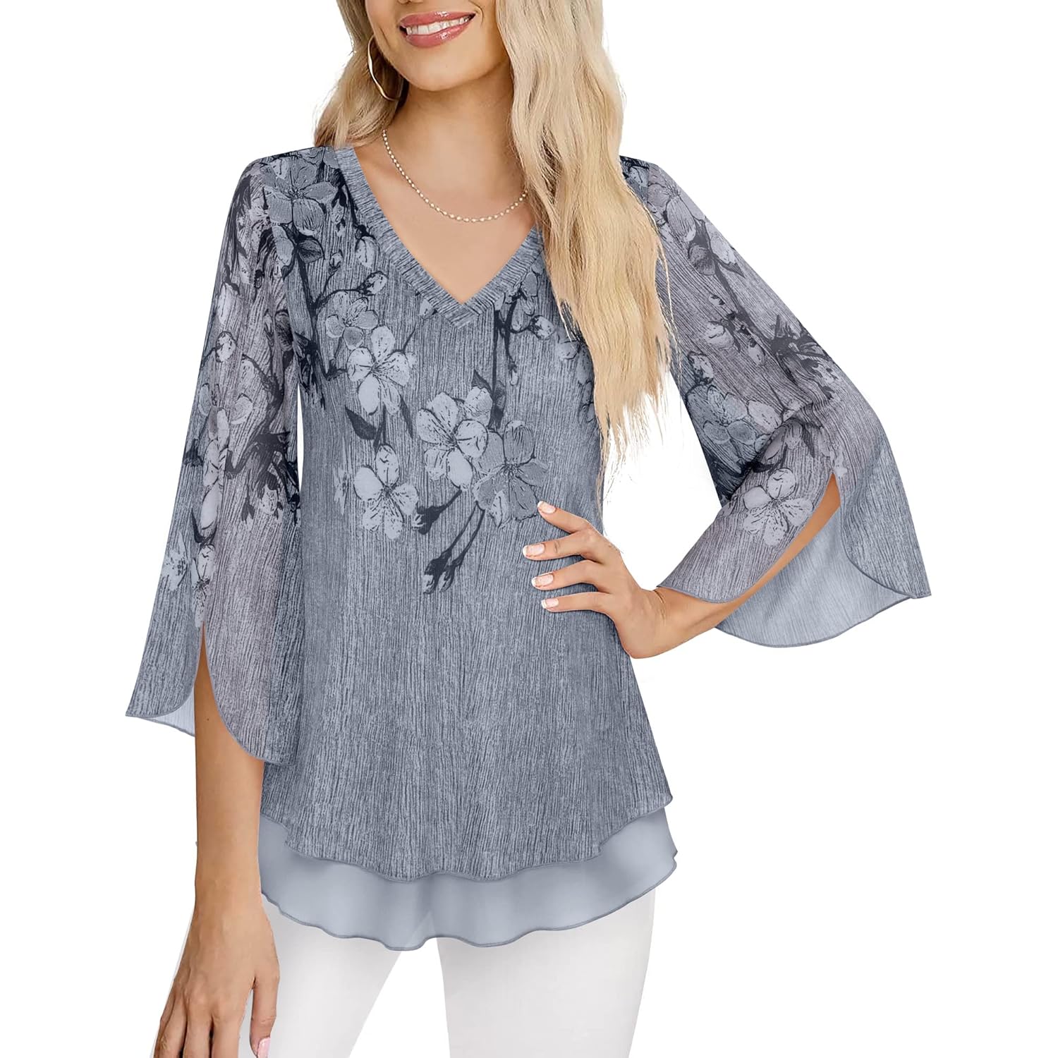 Women's 3/4 Sleeve Floral Blouses Shirts Double Layers V Neck Dressy Tunics Tops
