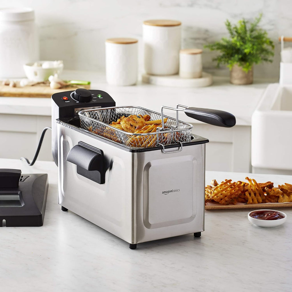 Amazon Basics 3.2-Qt (3.0L) Electric Deep Fryer With Adjustable Temperature Control, Easy Draining Basket, Viewing Window, Fast-Heating 1500W, Stainless Steel Exterior, Black & Silver
