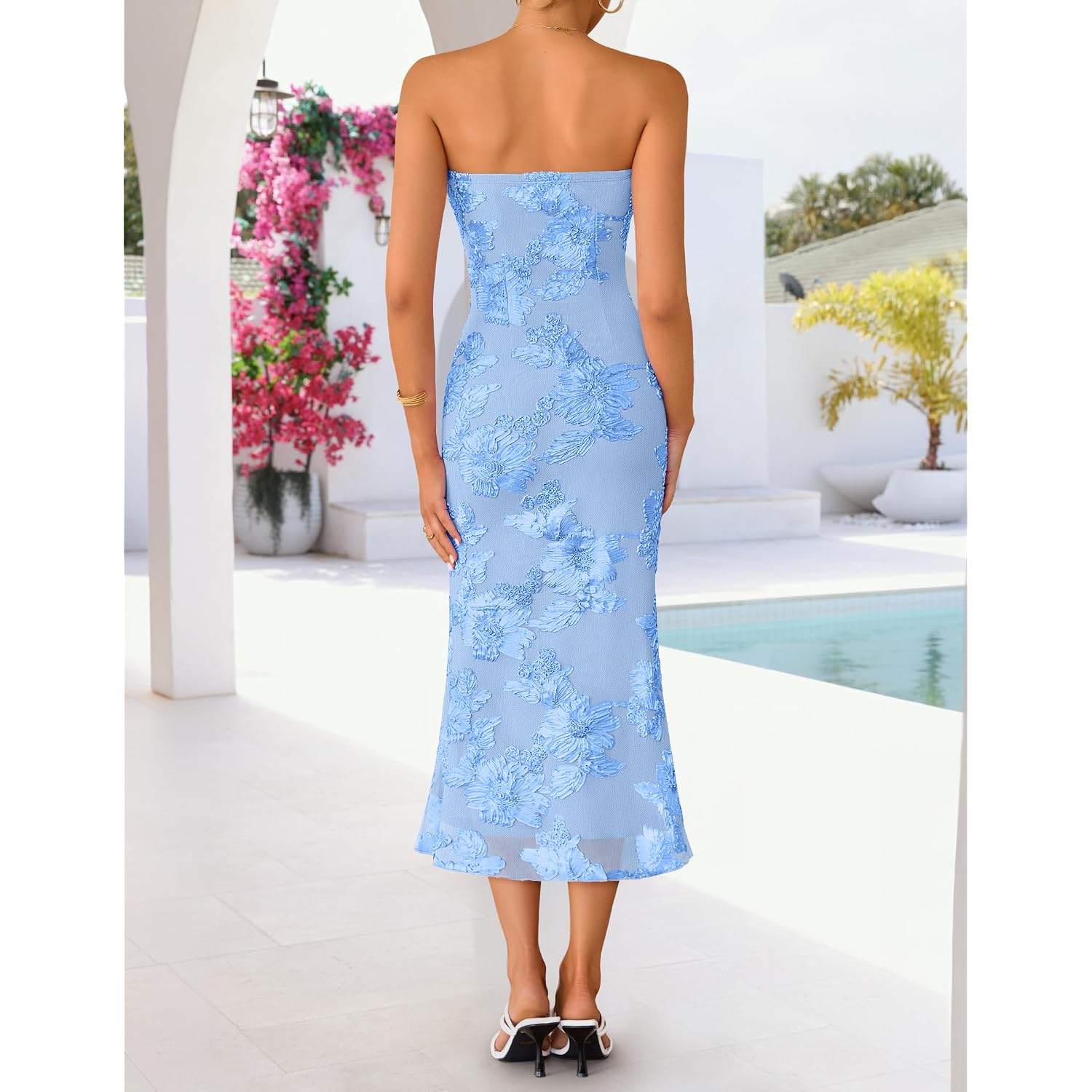 Zesica Cocktail Wedding Guest Dresses For Women 2026 Summer Strapless Floral Bodycon Mesh Tube Formal Party Midi Dress