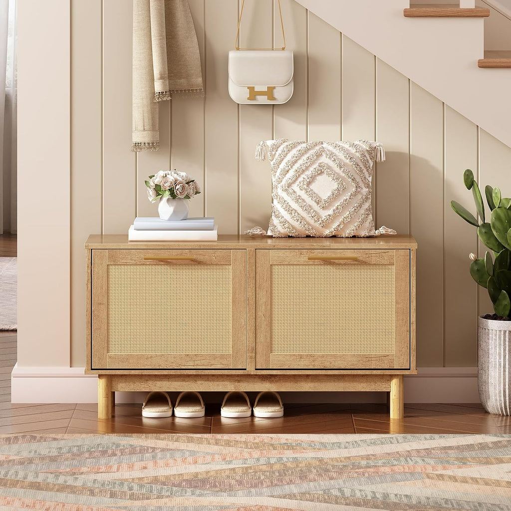Hoobro Shoe Storage Bench, Rattan Entryway Bench With 2 Flip Drawers, 39.4'' Hidden Shoe Cabinet With Adjustable Shelves, Comfort Seat Holds 300Lb, Large Capacity Fits 8-12 Pairs, Natural Nl51Hx01