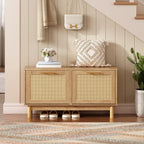 Hoobro Shoe Storage Bench, Rattan Entryway Bench With 2 Flip Drawers, 39.4'' Hidden Shoe Cabinet With Adjustable Shelves, Comfort Seat Holds 300Lb, Large Capacity Fits 8-12 Pairs, Natural Nl51Hx01