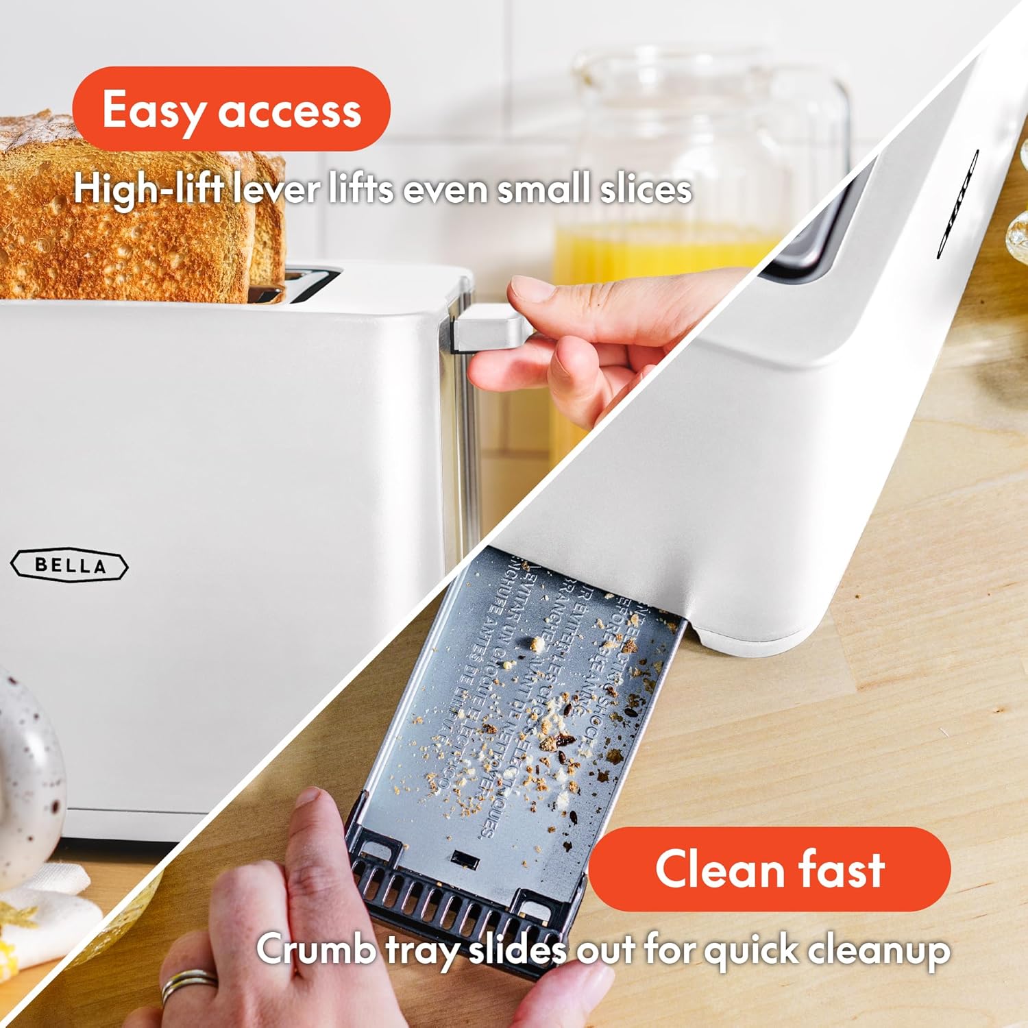 bella 2 Slice Toaster with Auto Shut Off - Extra Wide Slots & Removable Crumb Tray and Cancel, Defrost & Reheat Function - Toast Bread, Bagel & Waffle, White