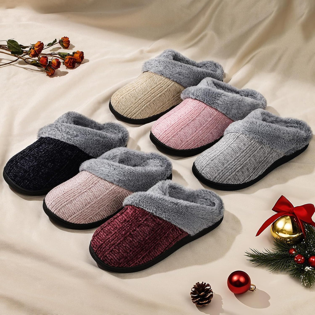 Slippers For Women Fuzzy House Slip On Indoor Outdoor Bedroom Furry Fleece Lined Ladies Comfy Memory Foam Female Home Shoes Anti-Skid Rubber Hard Sole