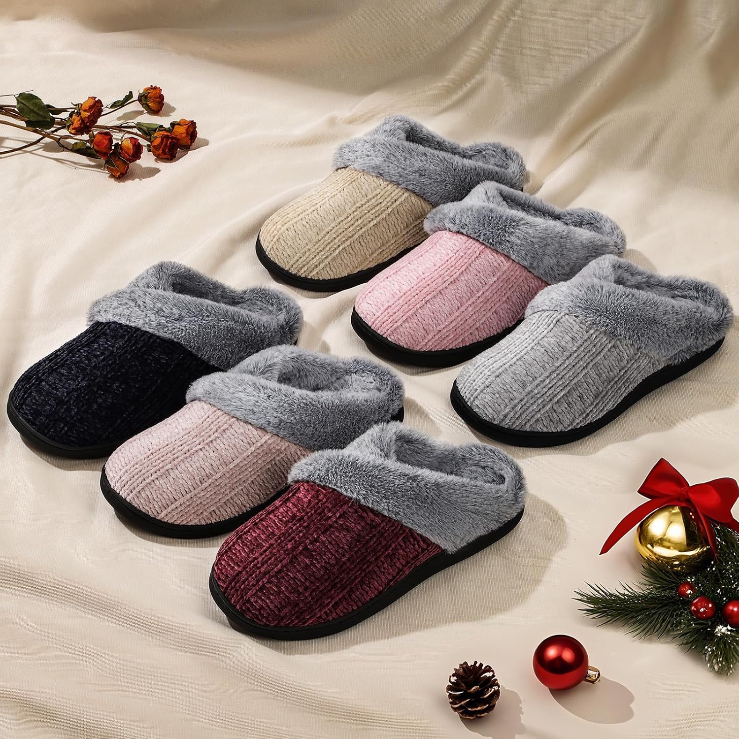 Slippers For Women Fuzzy House Slip On Indoor Outdoor Bedroom Furry Fleece Lined Ladies Comfy Memory Foam Female Home Shoes Anti-Skid Rubber Hard Sole