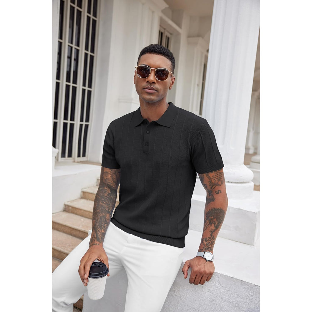 Coofandy Mens Knit Polo Shirts Short Sleeve Ribbed Textured Polo Shirt Lightweight Casual Golf Shirts Collared T Shirt