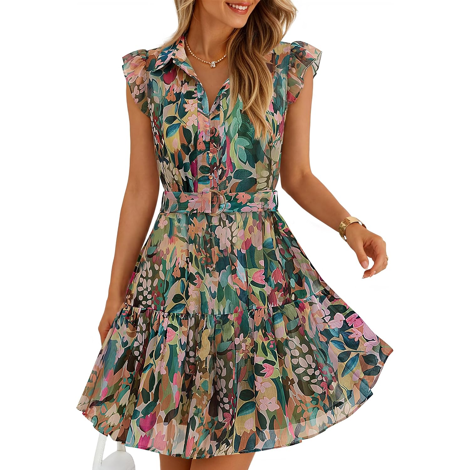 Zesica Womens Summer Boho Floral Mini Dress 2026 Flutter Short Sleeve Button Chiffon A Line Beach Vacation Party Dresses