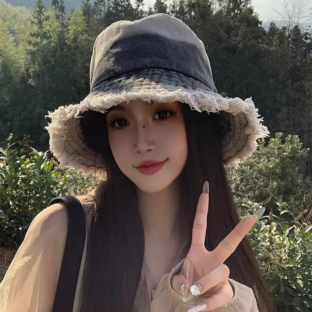 Women Retro Sun Hat Frayed Edge Brim Bucket Hats Distressed Denim Summer Beach Travel Caps Two Tone Contrasting Dark Grey/Beige