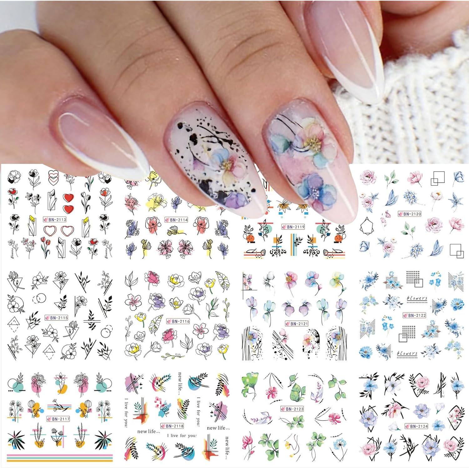 Flower Water Decals for Nails Stickers 48 Designs Colorful Water Transfer Nail Decals Spring Flower Leaf Cherry Blossoms Rose Pattern DIY Manicure Decoration Nail Supplies for Women 4 Sheets