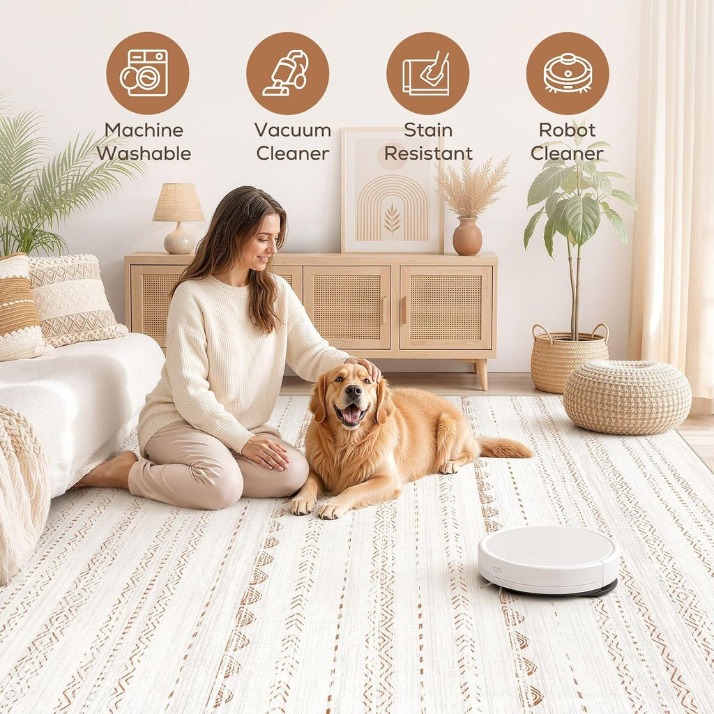 Area Rug Living Room Rugs: 5X7 Large Soft Machine Washable Boho Moroccan Farmneutral Stain Resistant Indoor Floor Carpet For Bedroom Under Dining Table Home Office Decor-Cream Brown