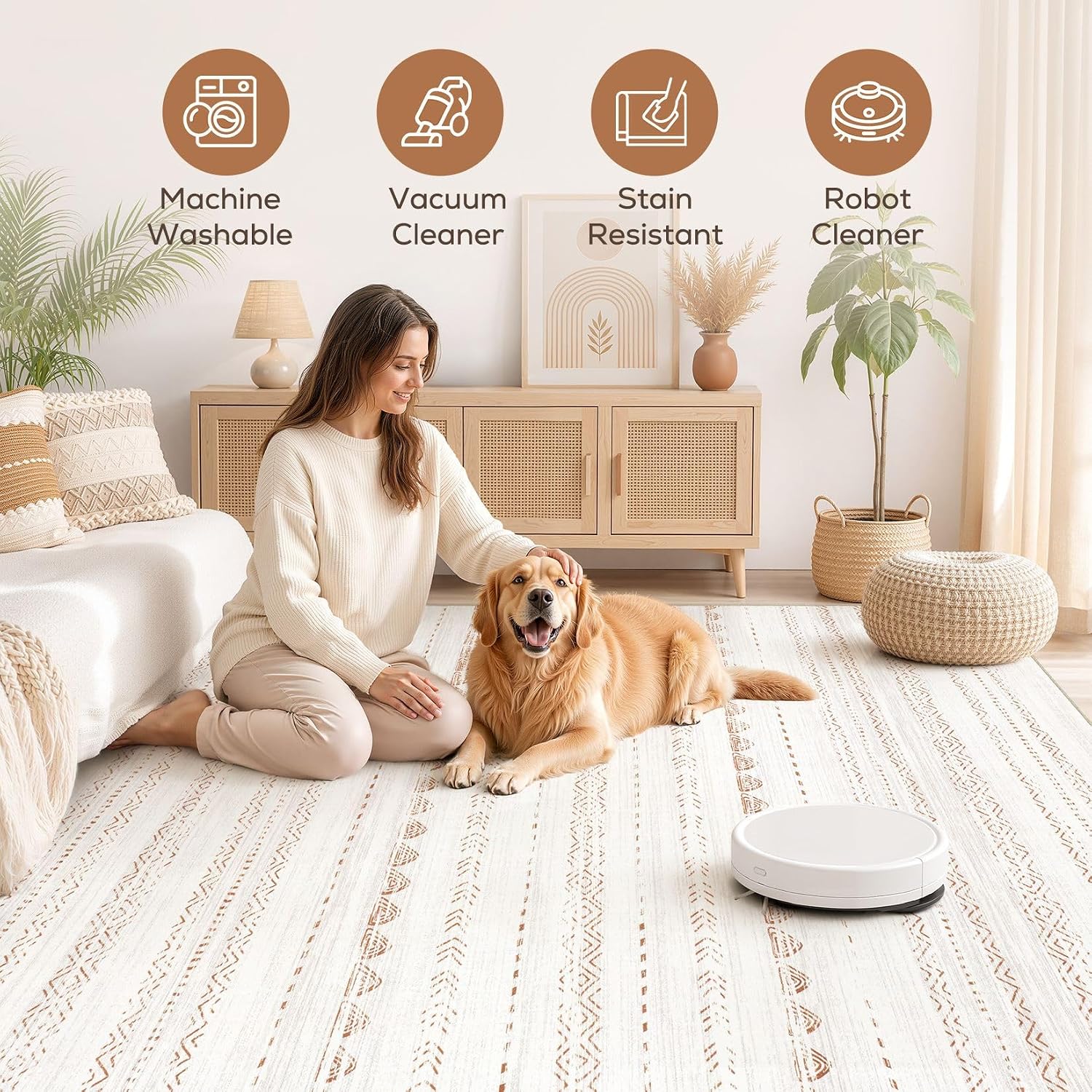 Area Rug Living Room Rugs: 5X7 Large Soft Machine Washable Boho Moroccan Farmneutral Stain Resistant Indoor Floor Carpet For Bedroom Under Dining Table Home Office Decor-Cream Brown
