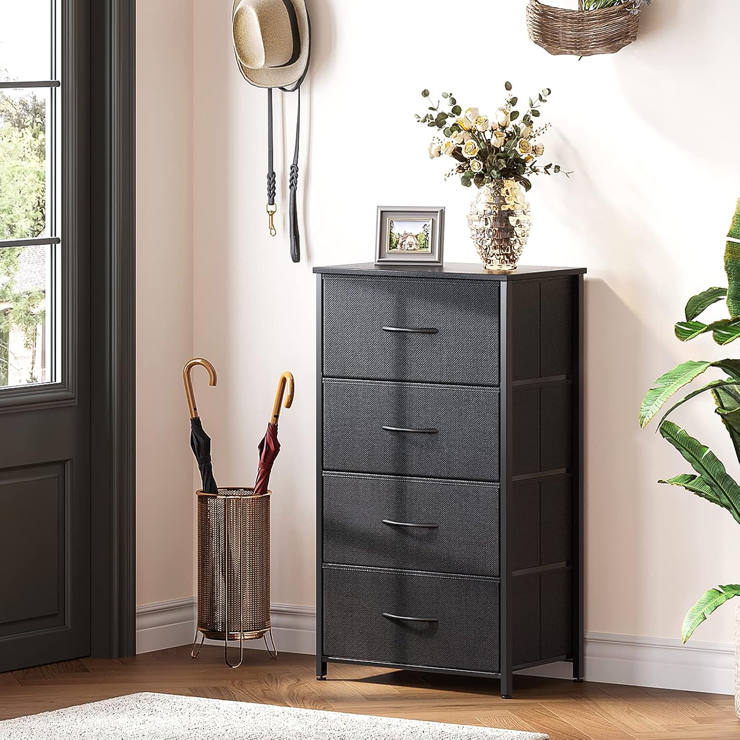 Odk Dresser For Bedroom With 4 Storage Drawers, Small Dresser Chest Of Fabric Drawers With Sturdy Steel Frame For Small Space, Wood Top, Black