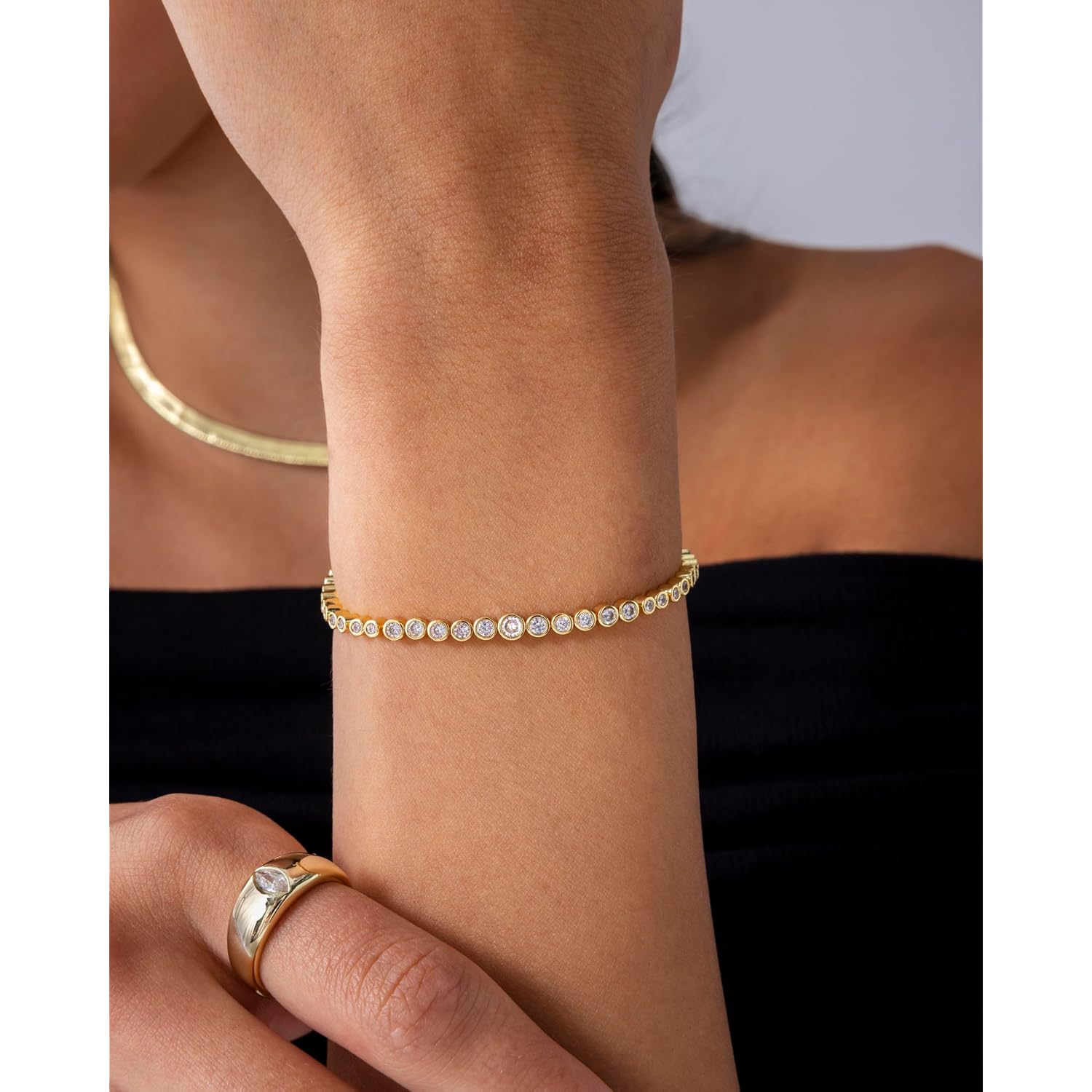 PAVOI 14K Gold Plated Tennis Bracelets for Women - Bezel Set Cubic Zirconia Bracelet - Simulated Diamonds Round, Trillion, Trinity, Radiant, Pear, Valentines Day Heart Cut Stones Wedding Jewelry Gifts for Brides