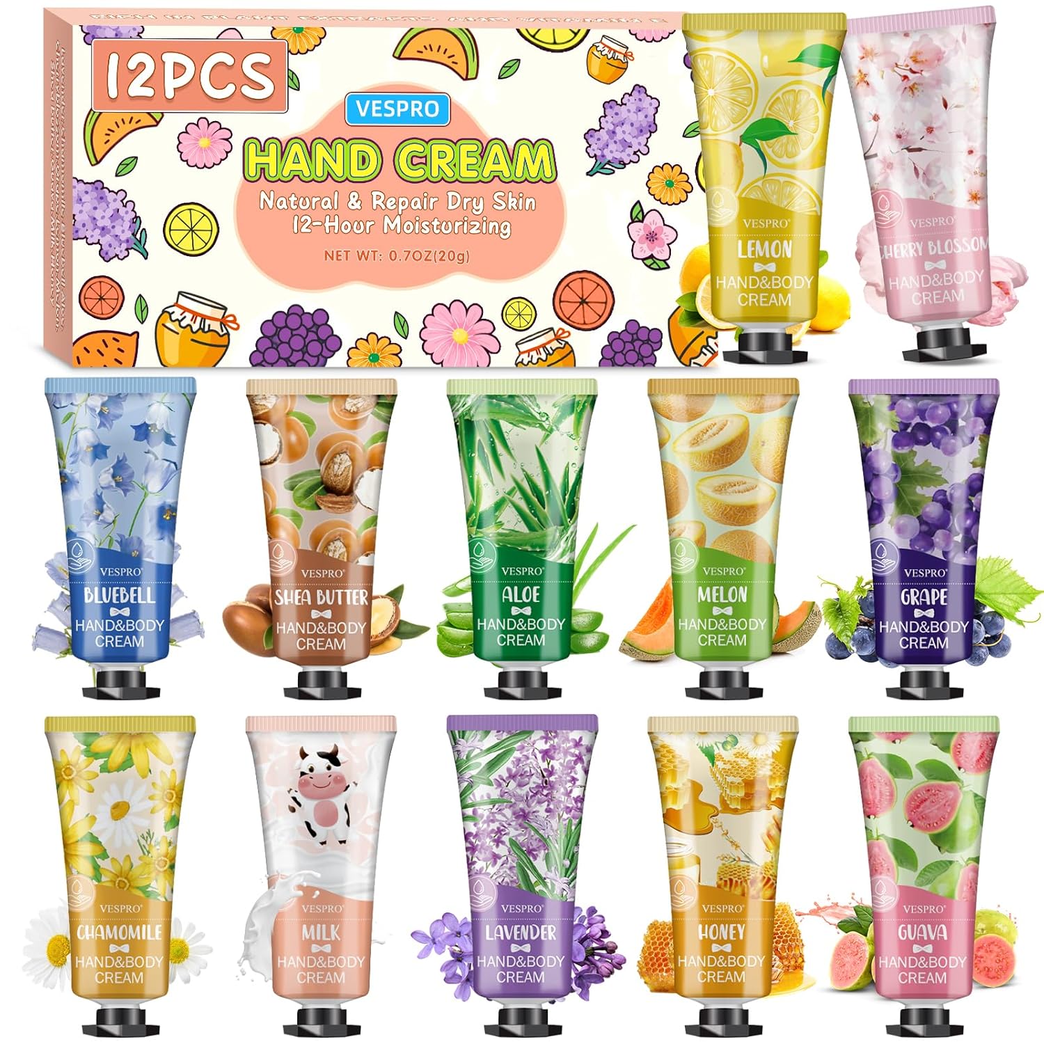 VESPRO 12 Pack Hand Cream Gift Set, Mothers Day Gifts, Bulk Hand Lotion Travel Size for Dry Cracked Hands, Mini Moisturizing Hand Lotion for Party Favors, Teacher Gifts and Nurse Gifts