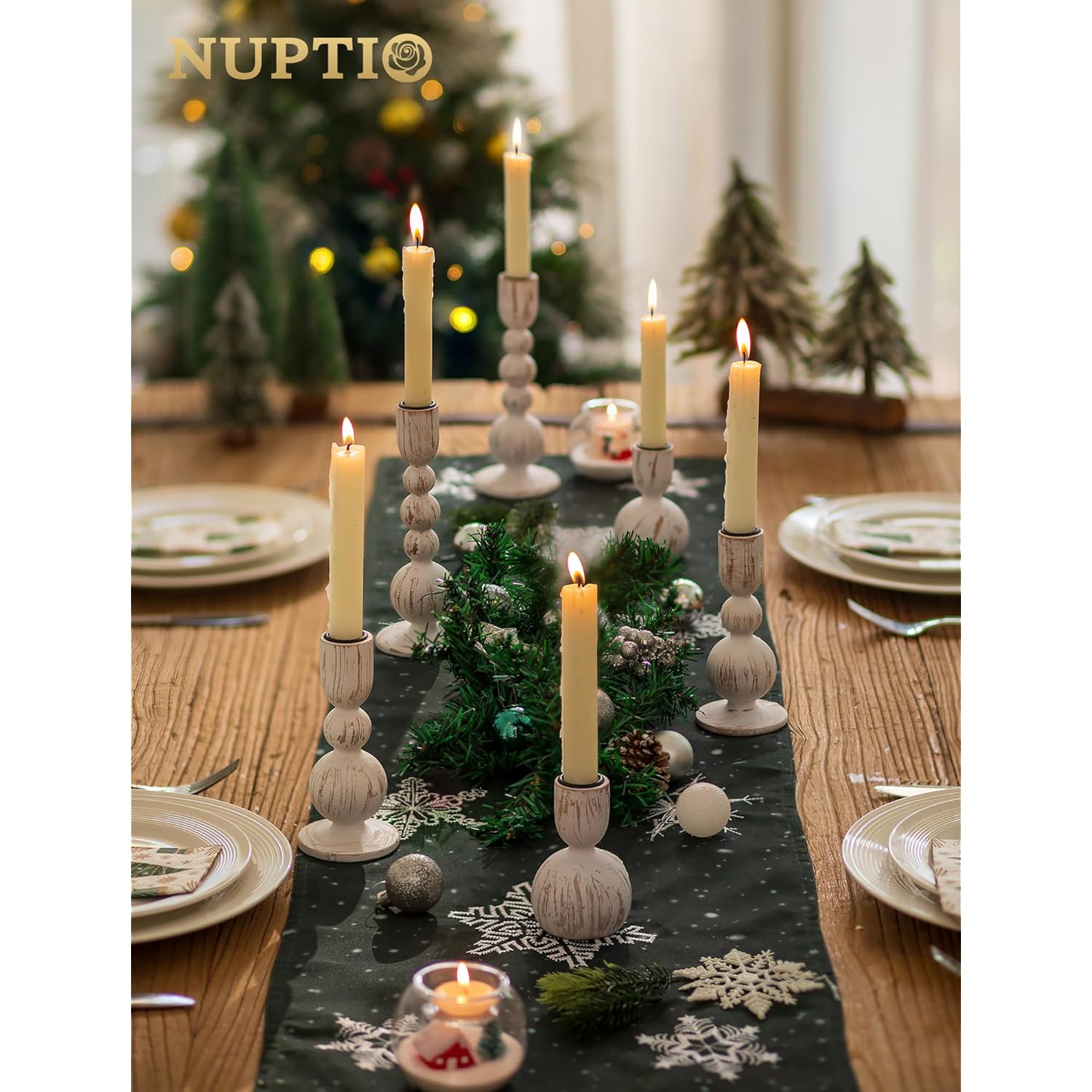 NUPTIO Taper Candle Holders Decor: Set of 3 Wooden Candlestick Holders Mantel Decor - Boho Farmhouse Rustic White