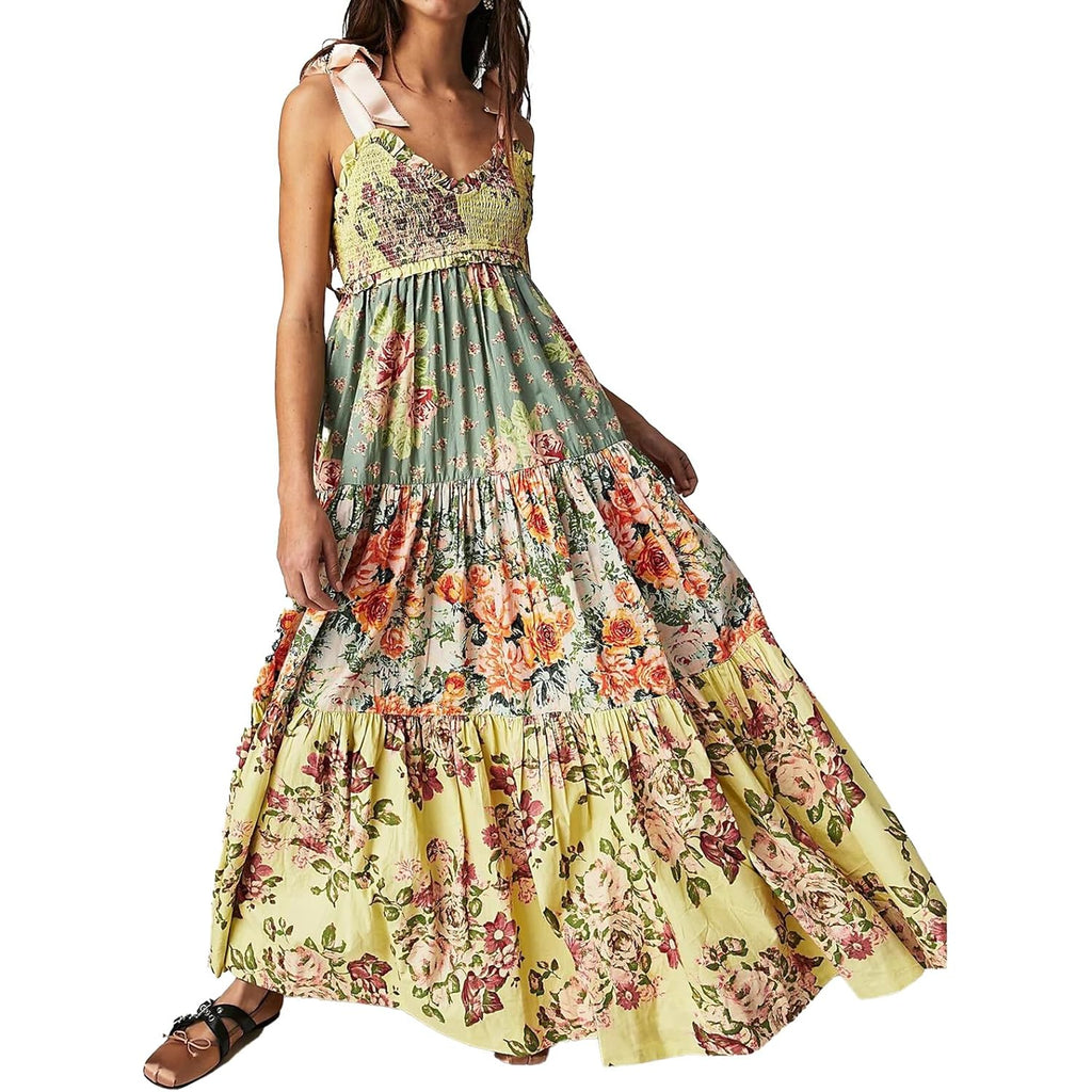 Abyovrt Women Floral Maxi Dress Tie Shoulder Patchwork Smocked Flowy Boho Dress With Pockets Summer Vacation Sundress