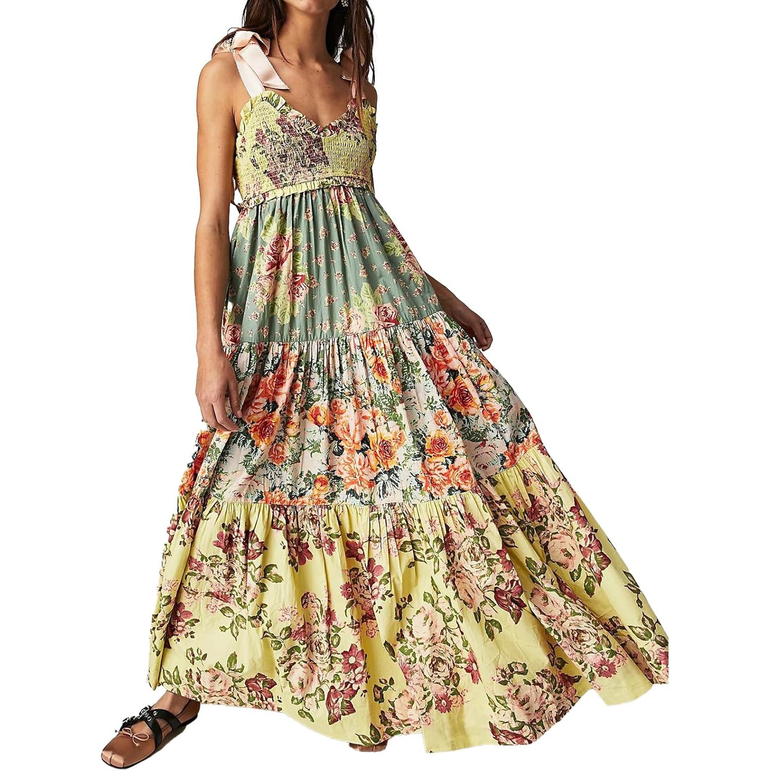 Abyovrt Women Floral Maxi Dress Tie Shoulder Patchwork Smocked Flowy Boho Dress With Pockets Summer Vacation Sundress