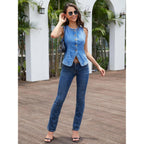 Elleven Women’S Crew Neck Denim Vest Summer, Button Down Fitted Jean Vest Top For Women Casual Outerwear Waistcoat