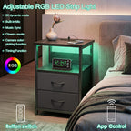 Fixwal Night Stand with Charging Station, LED Nightstand with U-S-B Ports and Outlets for Small Spaces, 2 Fabric Storage Drawers, Bedside Table End Tables Bedroom Decor, Modern Black