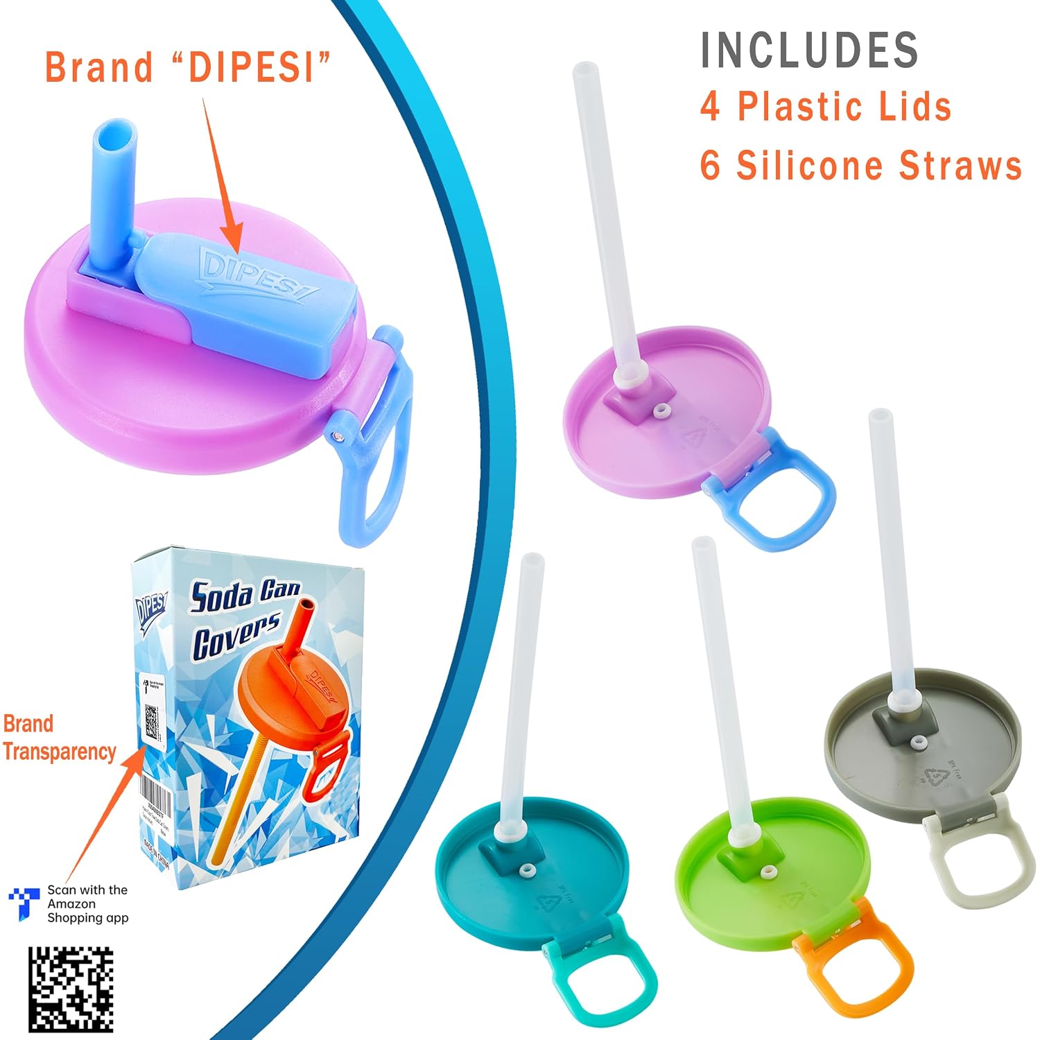 Original Creator - Dipesi 4-Pack 4 Color Soda Can Lids With Straw, Soda Can Covers With Silicone Straw Bpa-Free Reusable For Fits Standard For Canned Beverage, Beer, Juice,Seltzer. (Colour Mixture)