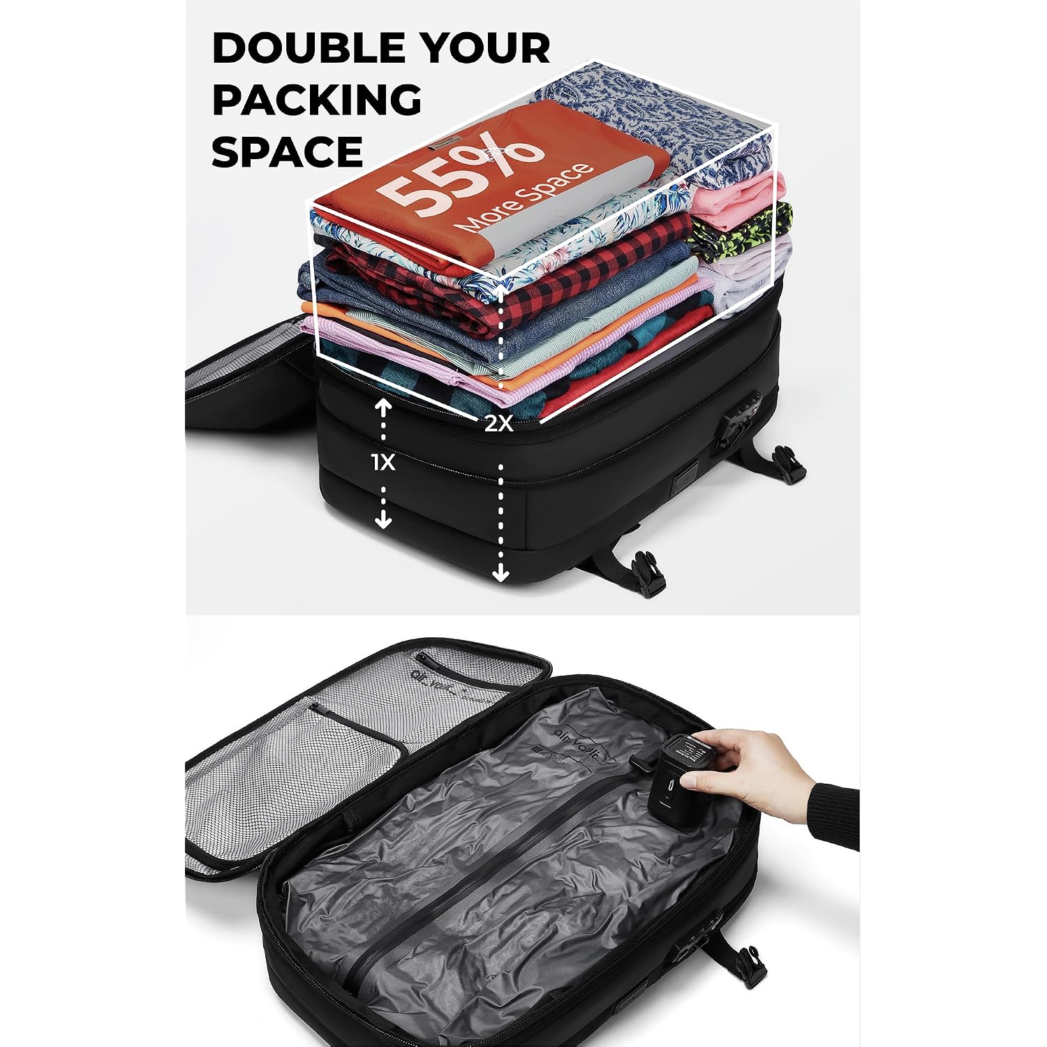 Airvault Vacuum Seal Travel Backpack 60L With Expandable Hyperseal Air Compression Vacuum System Water Resistant Tsa Lock (Vacuum Pump Included, Black, 60L)