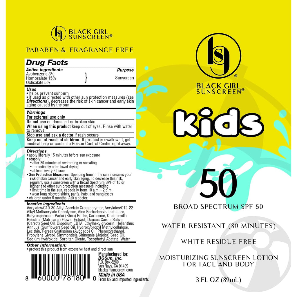 Black Girl Sunscreen Kids Spf 50 Lotion For Face & Body- Sun Protection For Skin, Kids Sunscreen, Water Resistant For 80 Minutes, Ideal For Beach & Travel, No White Cast For Melanin Rich Skin- 6 Fl Oz