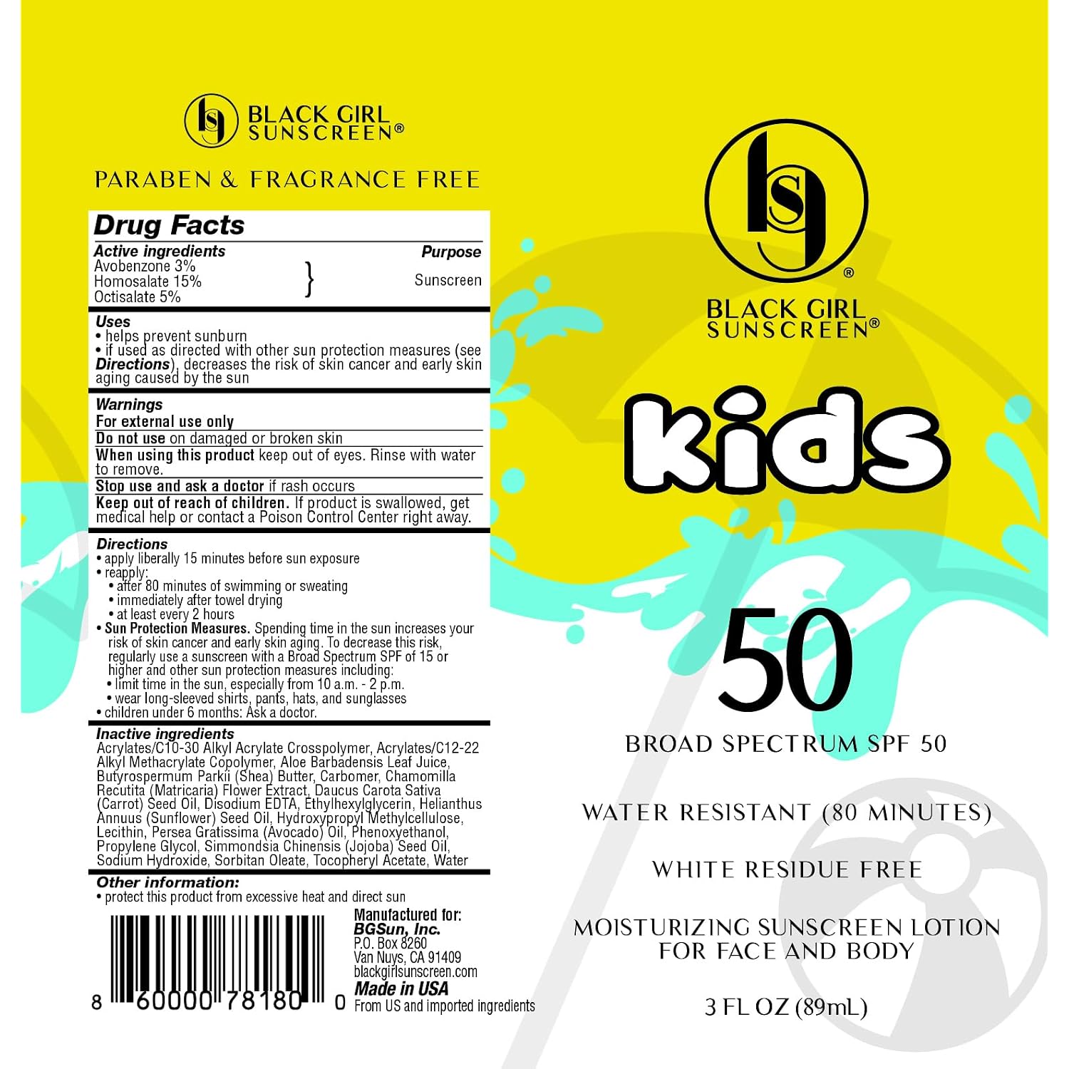 Black Girl Sunscreen Kids Spf 50 Lotion For Face & Body- Sun Protection For Skin, Kids Sunscreen, Water Resistant For 80 Minutes, Ideal For Beach & Travel, No White Cast For Melanin Rich Skin- 6 Fl Oz